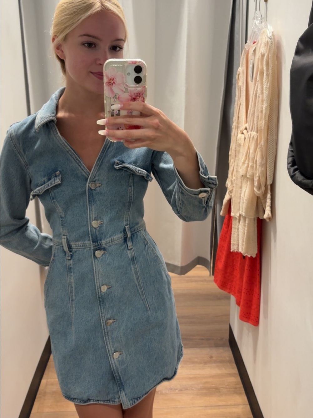 Zara Light Blue Denim Button-Front Dress